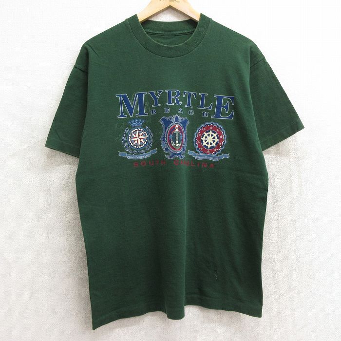 L★古着 半袖 ビンテージ Tシャツ メンズ 90年代 90s マートルビーチ クルーネック 緑 グリーン 24jun21 中古