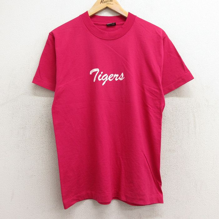M★古着 フルーツオブザルーム 半袖 ビンテージ Tシャツ メンズ 90年代 90s Tigers 8 クルーネック USA製 濃ピンク 24jun21 中古