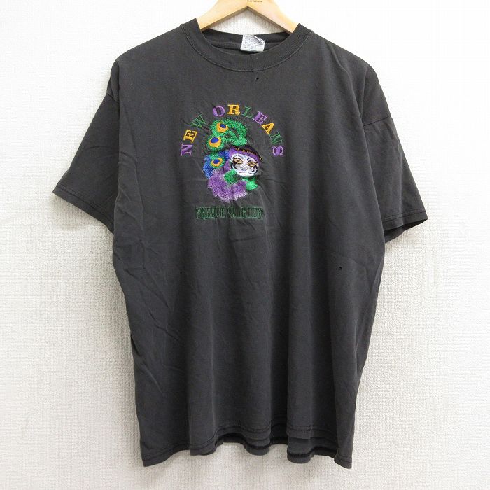 XL★古着 All Sport 半袖 ビンテージ Tシャツ メンズ 90年代 90s ニューオーリンズ 仮面 刺繍 コットン クルーネック 黒 ブラック 24jun21 中古