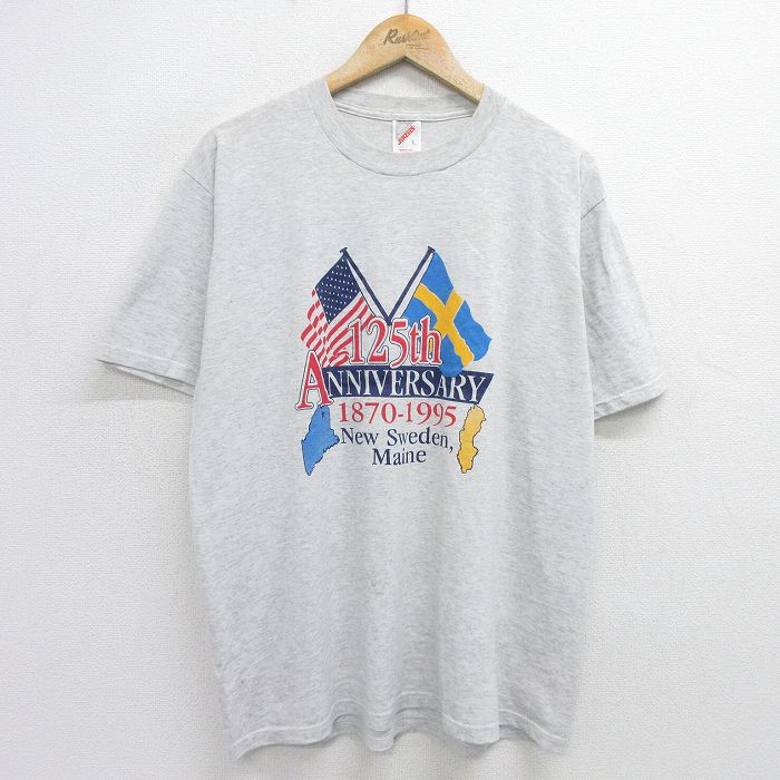 XL★古着 ジャージーズ 半袖 ビンテージ Tシャツ メンズ 90年代 90s 星条旗 スウェーデン クルーネック USA製 薄グレー 霜降り 24jun24 中古