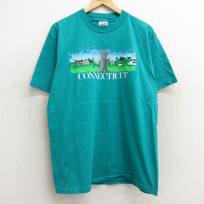 【50%OFF】L★古着 オニータ ONEITA 半袖 ビンテージ Tシャツ メンズ 90年代 90s 木 家 コットン クルーネック USA製 青緑 24jun24 中古