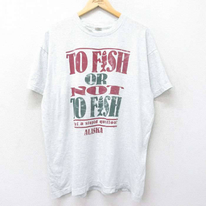 XL★古着 フルーツオブザルーム 半袖 ビンテージ Tシャツ メンズ 90年代 90s 魚 FISH アラスカ 大きいサイズ クルーネック USA製 薄グレー 霜降り 24jun24 中古