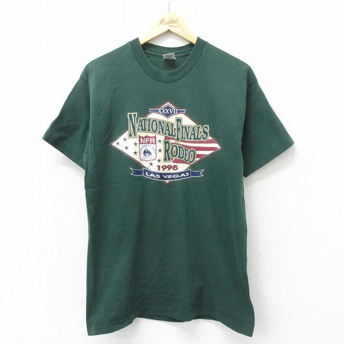 L★古着 フルーツオブザルーム 半袖 ビンテージ Tシャツ メンズ 90年代 90s ロデオ コットン クルーネック USA製 濃緑 グリーン 24jun25 中古