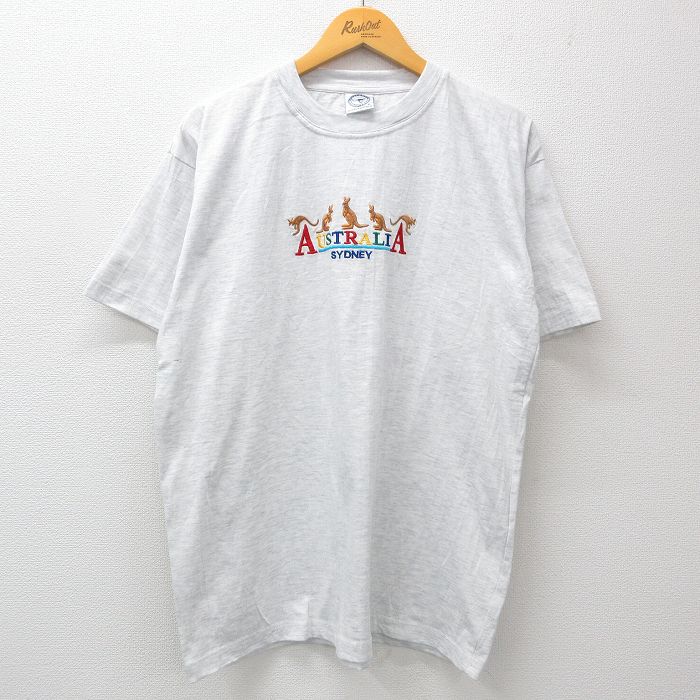XL★古着 半袖 ビンテージ Tシャツ メンズ 00年代 00s カンガルー オーストラリア 刺繍 大きいサイズ コットン クルーネック 薄グレー 霜降り 24jun27 中古