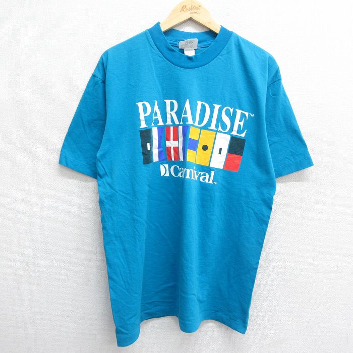 L★古着 半袖 ビンテージ Tシャツ メンズ 90年代 90s PARADISE 国旗 コットンクルーネック 水色 24jun27 中古