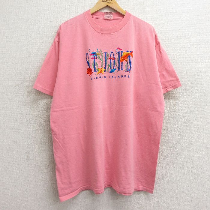 XL★古着 半袖 ビンテージ Tシャツ メンズ 90年代 90s セントジョン 魚 刺繍 ロング丈 大きいサイズ コットン クルーネック USA製 ピンク 24jun28 中古