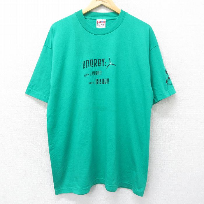 XL★古着 半袖 ビンテージ Tシャツ メンズ 90年代 90s energy 大きいサイズ コットン クルーネック USA製 緑 グリーン 24jun29 中古