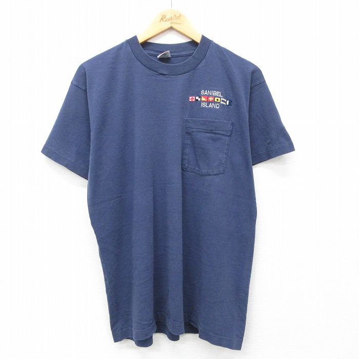 【50%OFF】L★古着 フルーツオブザルーム 半袖 ビンテージ Tシャツ メンズ 90年代 90s サニベル 国旗 胸ポケット付き コットン クルーネック USA製 濃紺 ネイビー 24jun29 中古