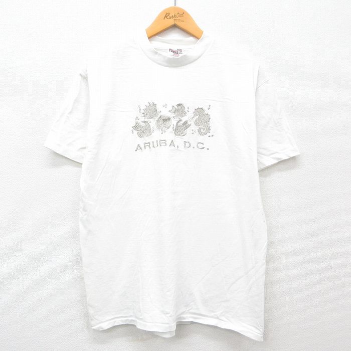 L★古着 オニータ ONEITA 半袖 ビンテージ Tシャツ メンズ 90年代 90s ARUBA 魚 貝 刺繍 コットン クルーネック 白 ホワイト 24jul01 中古