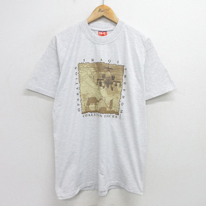 L★古着 半袖 ビンテージ Tシャツ メンズ 00年代 00s ヘリコプター 地図 クルーネック 薄グレー 霜降り 24jul01 中古