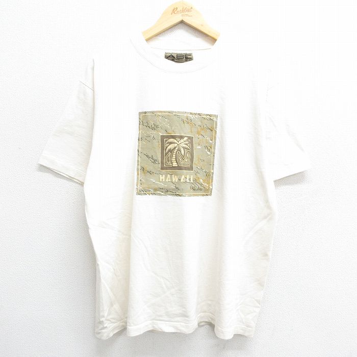XL★古着 半袖 ビンテージ Tシャツ メンズ 90年代 90s ハワイ ヤシの木 コットン クルーネック USA製 生成り 24jul02 中古