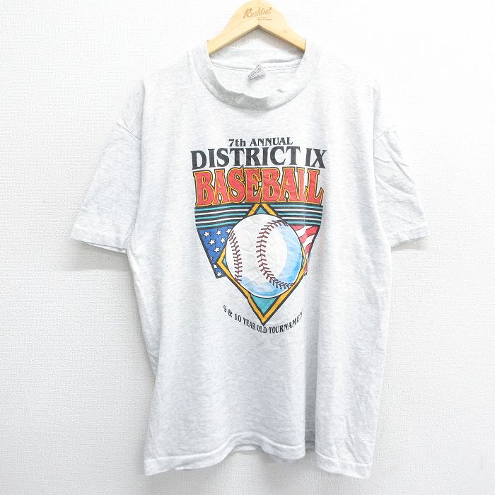 【50%OFF】XL★古着 半袖 ビンテージ Tシャツ メンズ 90年代 90s 野球 星条旗 クルーネック USA製 薄グレー 霜降り 24jul02 中古