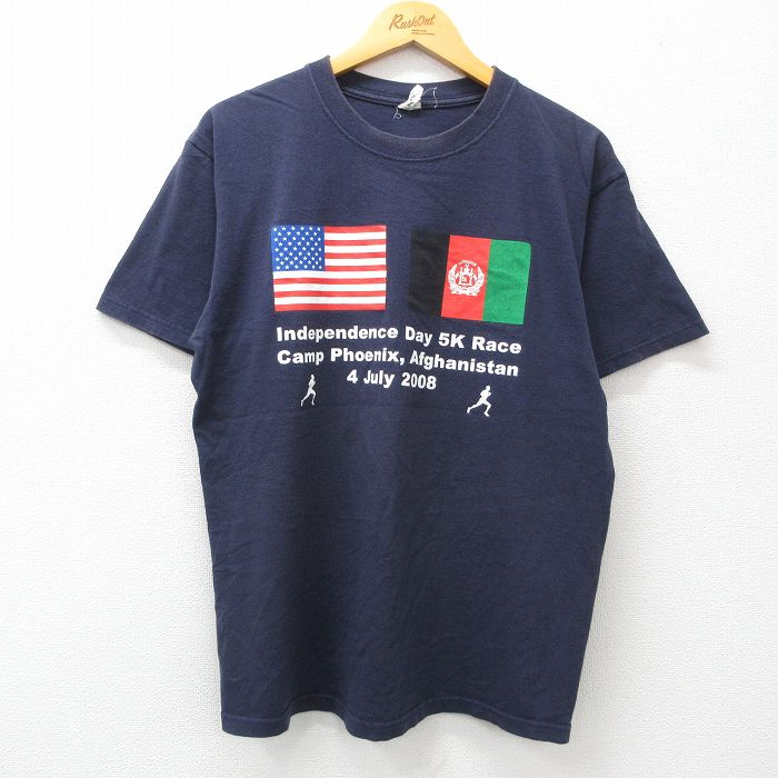 L★古着 半袖 ビンテージ Tシャツ メンズ 00年代 00s 星条旗 レースキャンプ コットン クルーネック 紺 ネイビー 24jul02 中古