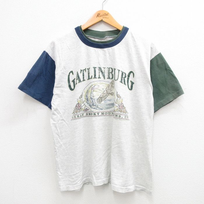 L★古着 半袖 ビンテージ Tシャツ メンズ 90年代 90s ガットリンバーグ ワシ マルチカラー クルーネック 薄グレー 霜降り 【spe】 24jul03 中古