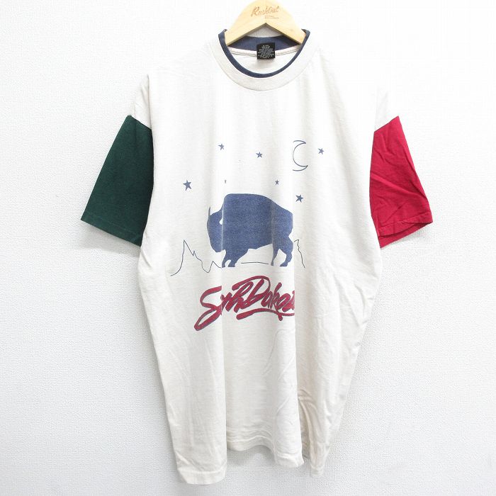 【50%OFF】XL★古着 半袖 ビンテージ Tシャツ メンズ 90年代 90s バッファロー 月 大きいサイズ マルチカラー コットン クルーネック USA製 生成り 24jul03 中古