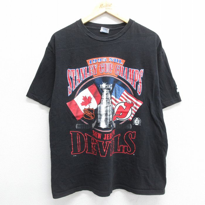 【50%OFF】XL★古着 スターター STARTER 半袖 ビンテージ Tシャツ メンズ 90年代 90s NHL ニュージャージーデビルズ コットン クルーネック USA製 黒 ブラック アイスホッケー 24jul03 中古