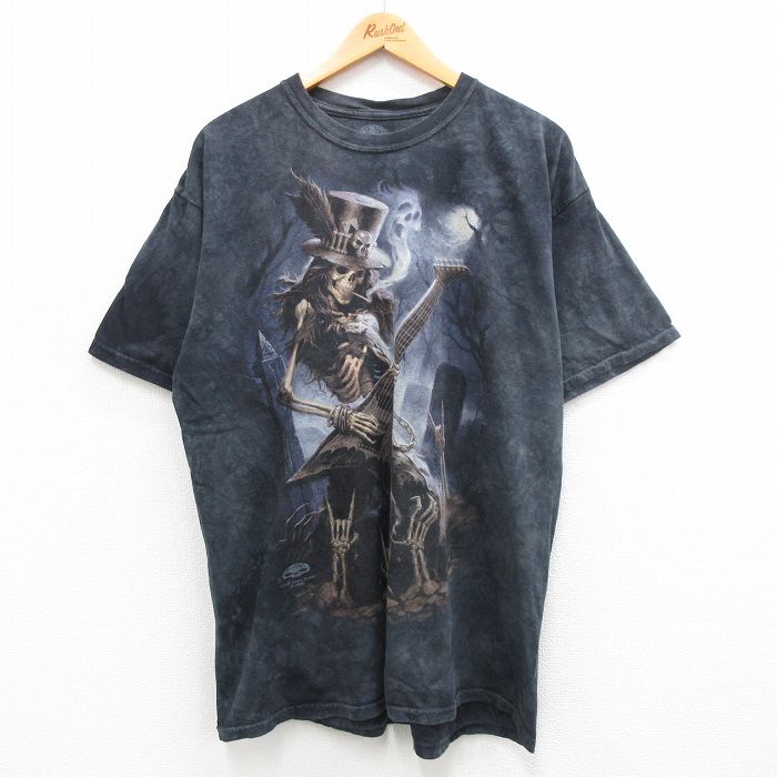 XL★古着 半袖 ビンテージ Tシャツ メンズ 00年代 00s スケルトン ギター 大きいサイズ コットン クルーネック USA製 黒他 ブラック タイダイ 24jul04 中古
