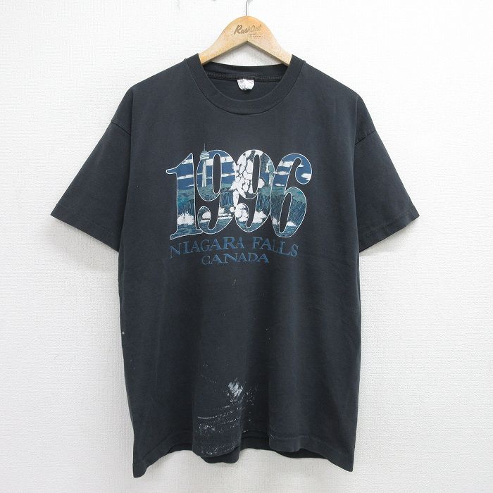 【50%OFF】XL★古着 フルーツオブザルーム 半袖 ビンテージ Tシャツ メンズ 90年代 90s ナイアガラの滝 大きいサイズ コットン クルーネック カナダ製 黒 ブラック 24jul04 中古