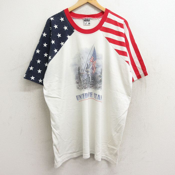 XL★古着 半袖 ビンテージ Tシャツ メンズ 90年代 90s 消防士 星条旗 ラグラン 大きいサイズ ロング丈 コットン クルーネック USA製 白他 ホワイト 24jul06 中古