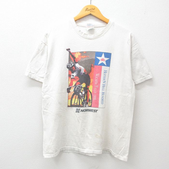 L★古着 ヘインズ Hanes 半袖 ビンテージ Tシャツ メンズ 90年代 90s 自転車 NOR WEST コットン クルーネック 白 ホワイト 24jul08 中古