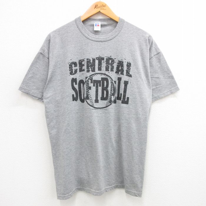 XL★古着 ラッセル 半袖 ビンテージ Tシャツ メンズ 00年代 00s ソフトボール クルーネック グレー 霜降り 24jul08 中古