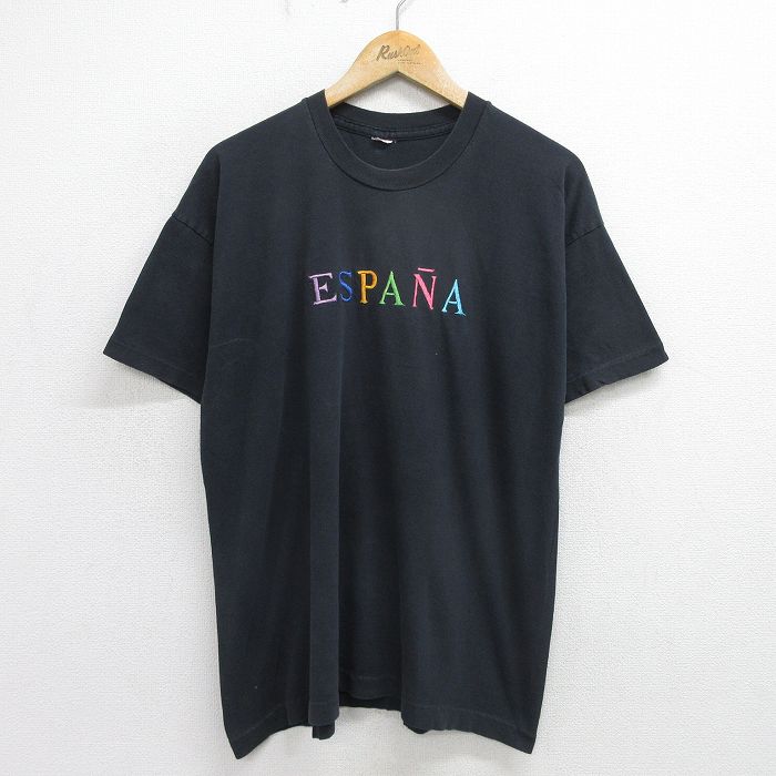 XL★古着 半袖 ビンテージ Tシャツ メンズ 90年代 90s ESPANA 刺繍 クルーネック 黒 ブラック 24jul08 中古