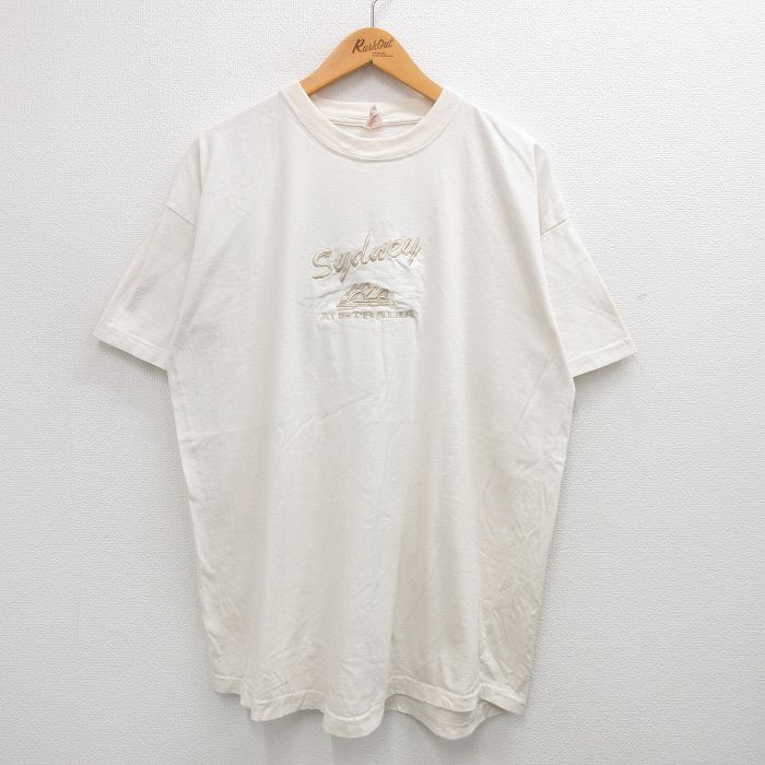 XL★古着 半袖 ビンテージ Tシャツ メンズ 90年代 90s シドニー オーストラリア 刺繍 コットン クルーネック 生成り 24jul09 中古