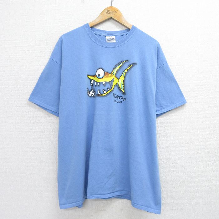 XL★古着 半袖 ビンテージ Tシャツ メンズ 00年代 00s 魚 大きいサイズ コットン クルーネック 薄紺 ネイビー 24jul09 中古