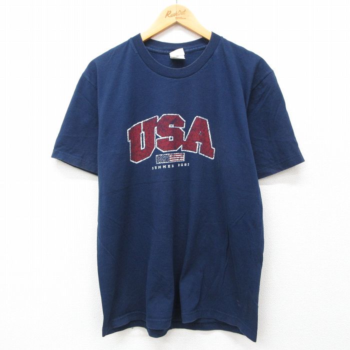 【50%OFF】L★古着 アリゾナジーンズ 半袖 ビンテージ Tシャツ メンズ 00年代 00s USAロゴ 星条旗 コットン クルーネック 紺 ネイビー 24jul11 中古