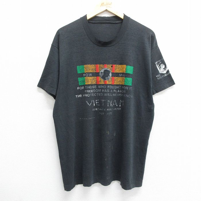 XL★古着 半袖 ビンテージ Tシャツ メンズ 90年代 90s POWMIA ベトナム クルーネック 黒 ブラック 24jul11 中古
