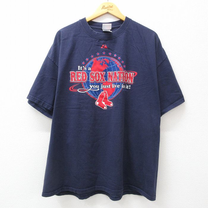XL★古着 マジェスティック 半袖 ビンテージ Tシャツ メンズ 00年代 00s MLB ボストンレッドソックス 大きいサイズ コットン クルーネック 紺 ネイビー メジャーリーグ ベースボール 野球 24jul12 中古