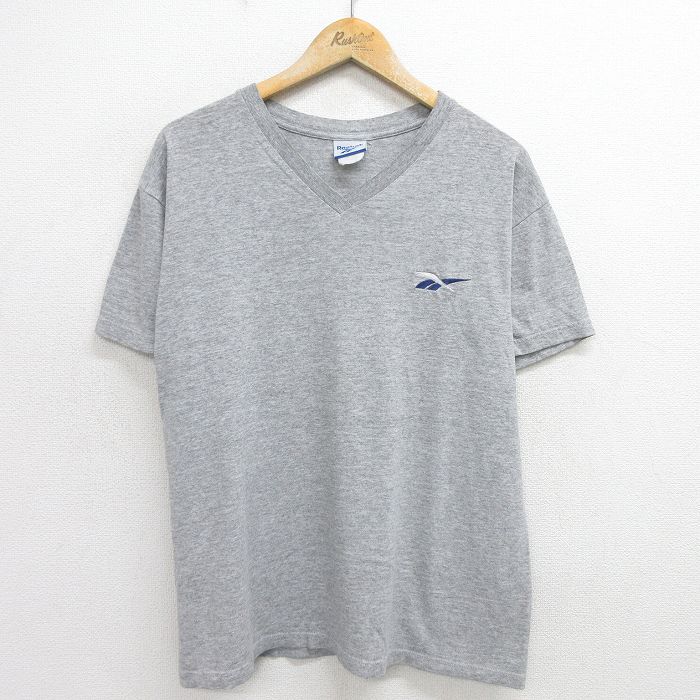 L★古着 リーボック REEBOK 半袖 ビンテージ Tシャツ メンズ 00年代 00s ワンポイントロゴ Vネック グレー 霜降り 24jul12 中古