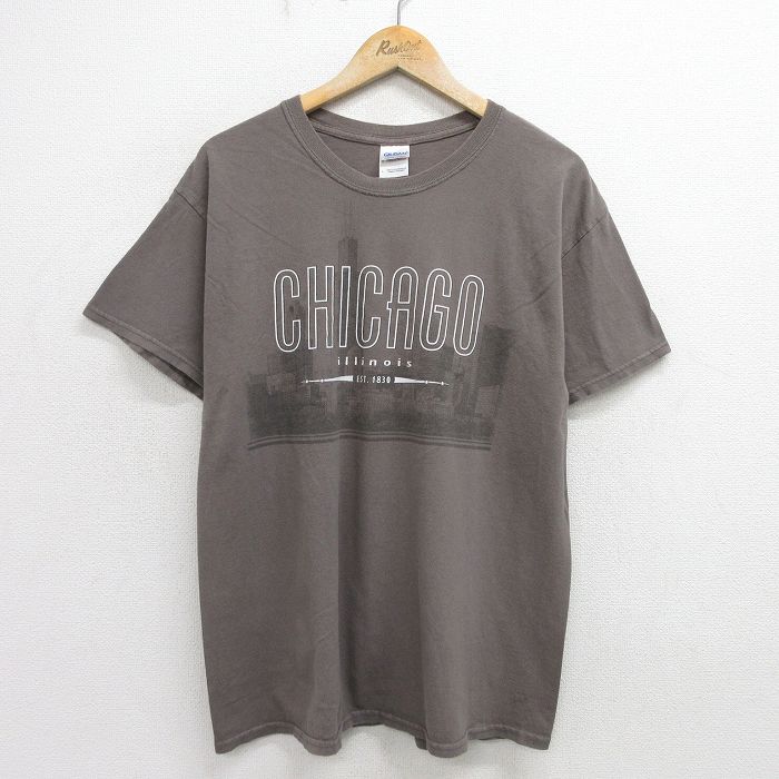 L★古着 半袖 ビンテージ Tシャツ メンズ 00年代 00s シカゴ ビル コットン クルーネック 茶 ブラウン 24jul12 中古