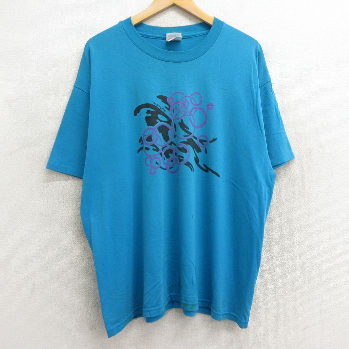 XL★古着 ヘインズ Hanes 半袖 ビンテージ Tシャツ メンズ 90年代 90s シンプソン 大きいサイズ クルーネック 水色 24jul15 中古