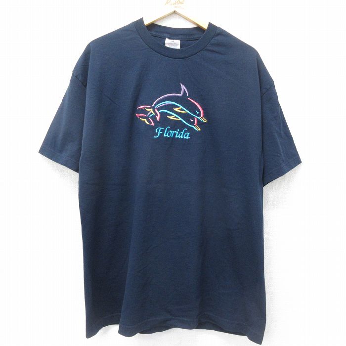 00s 半袖Tシャツ イルカ刺繍 ネイビー XL | 古着