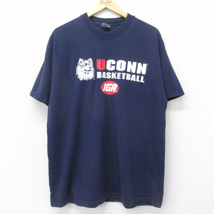 【50%OFF】XL★古着 半袖 ビンテージ Tシャツ メンズ 90年代 90s UCONN バスケットボール 大きいサイズ コットン クルーネック 紺 ネイビー 24jul15 中古