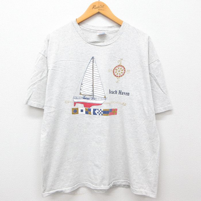 XL★古着 ヘインズ Hanes 半袖 ビンテージ Tシャツ メンズ 90年代 90s ビーチヘブン ヨット 方位磁石 クルーネック 薄グレー 霜降り 24jul16 中古