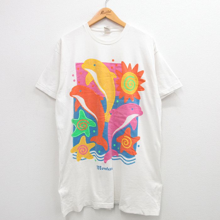 XL★古着 半袖 ビンテージ Tシャツ メンズ 90年代 90s イルカ モントーク ロング丈 コットン クルーネック 白 ホワイト 24jul16 中古