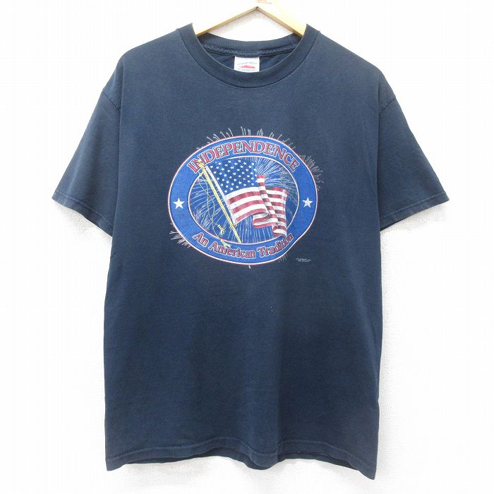 【50%OFF】L★古着 半袖 ビンテージ Tシャツ メンズ 00年代 00s INDEPENDENCE 星条旗 ラメ コットン クルーネック 紺 ネイビー 24jul18 中古