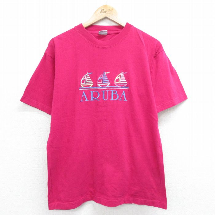 L★古着 半袖 ビンテージ Tシャツ メンズ 00年代 00s ARUBA 刺繍 コットン クルーネック 濃ピンク 24jul18 中古