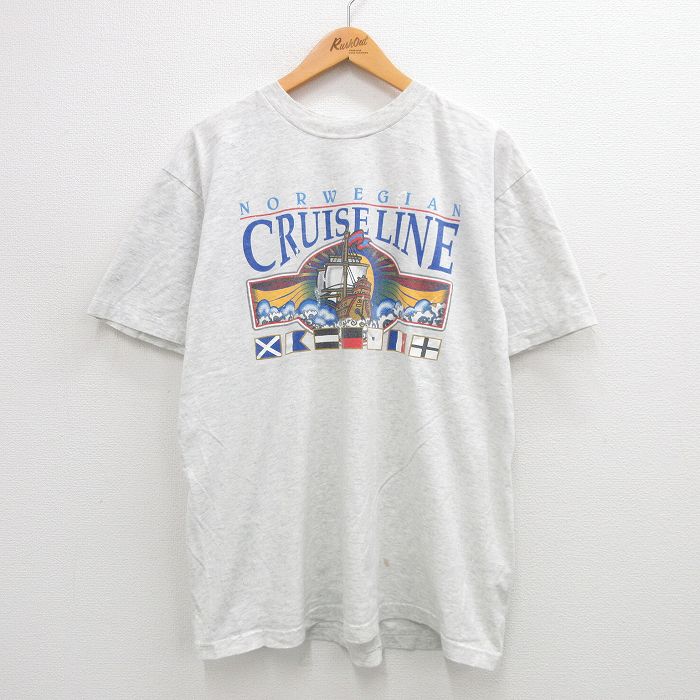 XL★古着 半袖 ビンテージ Tシャツ メンズ 90年代 90s 船 ノルウェー 大きいサイズ クルーネック 薄グレー 霜降り 24jul19 中古