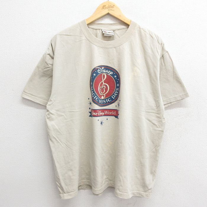 XL★古着 半袖 ビンテージ Tシャツ メンズ 00年代 00s ディズニー DISNEY 音符 大きいサイズ コットン クルーネック ベージュ カーキ 24jul19 中古