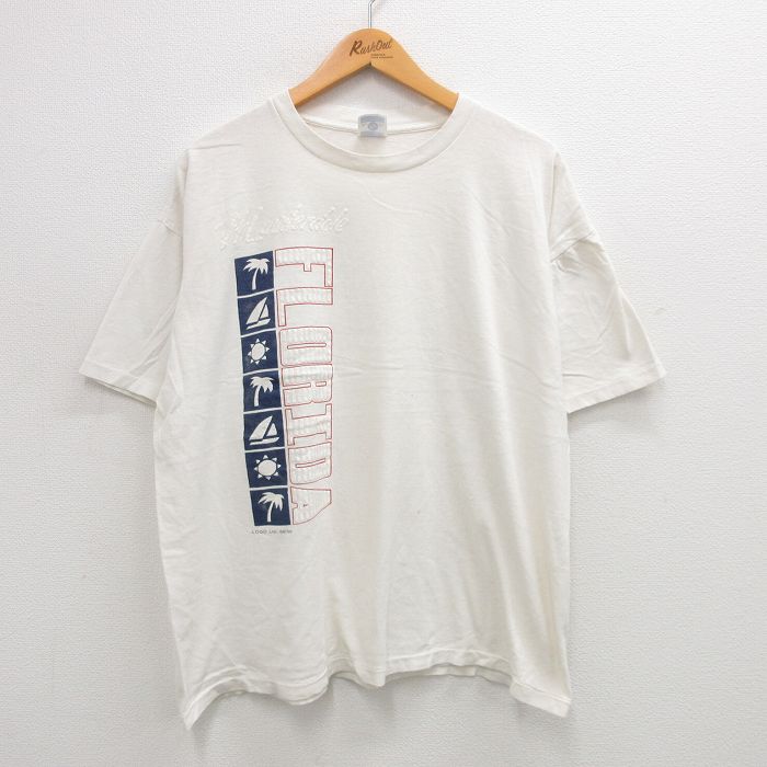 【50%OFF】XL★古着 半袖 ビンテージ Tシャツ メンズ 90年代 90s フロリダ ヤシの木 ヨット 大きいサイズ コットン クルーネック USA製 生成り 24jul20 中古