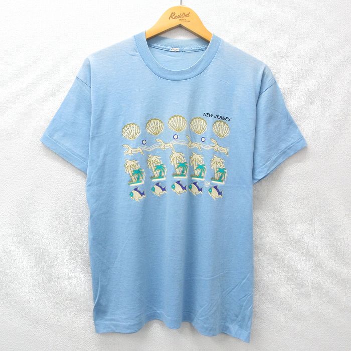 90s 半袖Tシャツ 魚ヤシの木ニュージャージー ライトブルー L | 古着