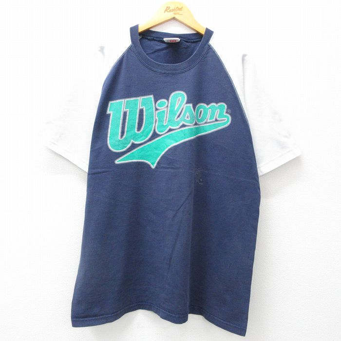 XL★古着 ウィルソン 半袖 ビンテージ Tシャツ メンズ 00年代 00s ビッグロゴ ツートンカラー ラグラン コットン クルーネック 紺他 ネイビー 【spe】 24jul20 中古