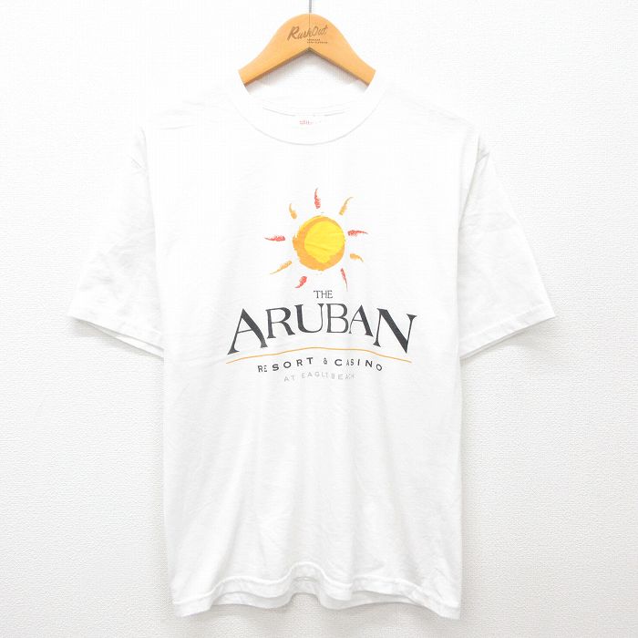 【50%OFF】L★古着 ヘインズ Hanes 半袖 ビンテージ Tシャツ メンズ 00年代 00s 太陽 THE ARUBAN クルーネック 白 ホワイト 24jul20 中古