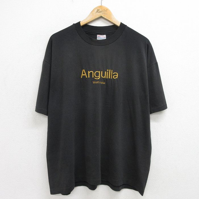 XL★古着 ヘインズ Hanes 半袖 ビンテージ Tシャツ メンズ 90年代 90s アングィラ 刺繍 大きいサイズ クルーネック USA製 黒 ブラック 24jul22 中古