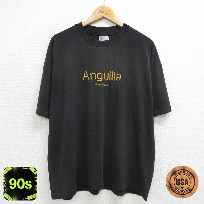 ヘインズ 90s 半袖Tシャツ アングィラ刺繍 ブラック メンズXL相当 | 古着