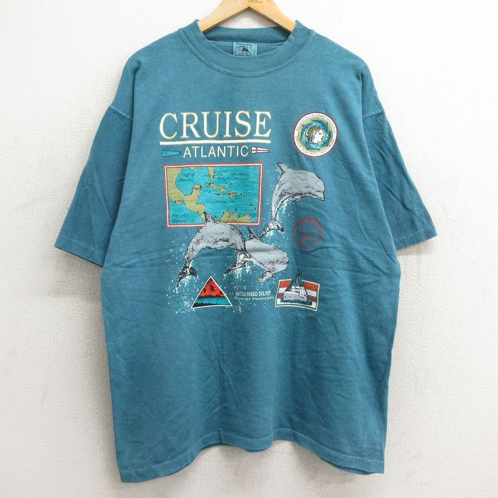 XL★古着 半袖 ビンテージ Tシャツ メンズ 90年代 90s イルカ クルーズ 地図 大きいサイズ クルーネック USA製 緑 グリーン 24jul22 中古
