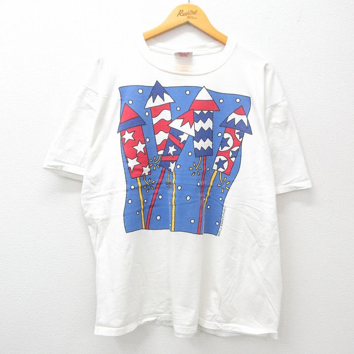 XL★古着 半袖 ビンテージ Tシャツ メンズ 90年代 90s ロケット花火 大きいサイズ コットン クルーネック USA製 白 ホワイト 24jul22 中古